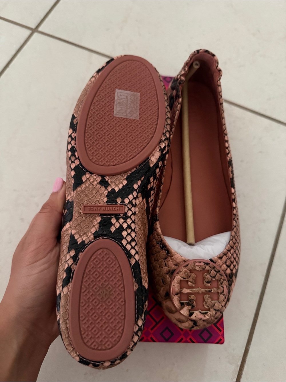 Tory Burch Pink Snake-Embossed Minnie Travel Ballet Flats - Picture 3 of 5